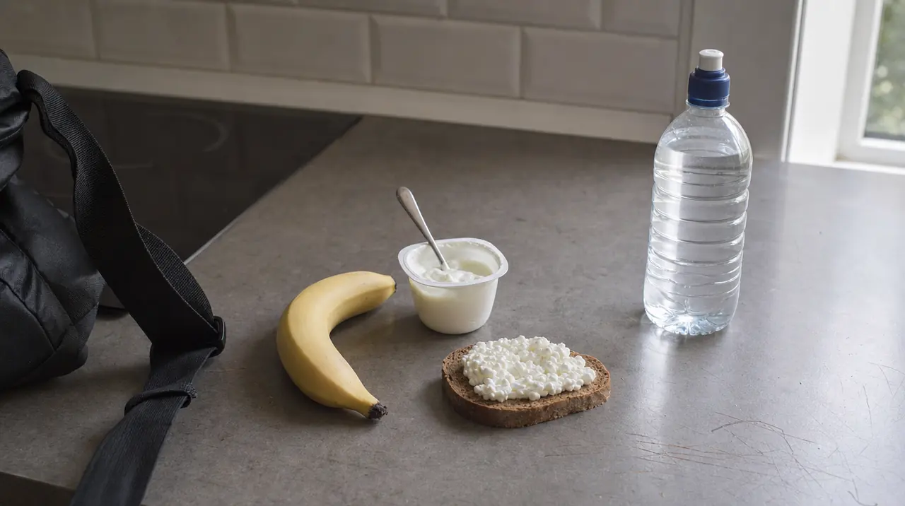 Banan, jogurt naturalny i twaróg na blacie obok butelki wody