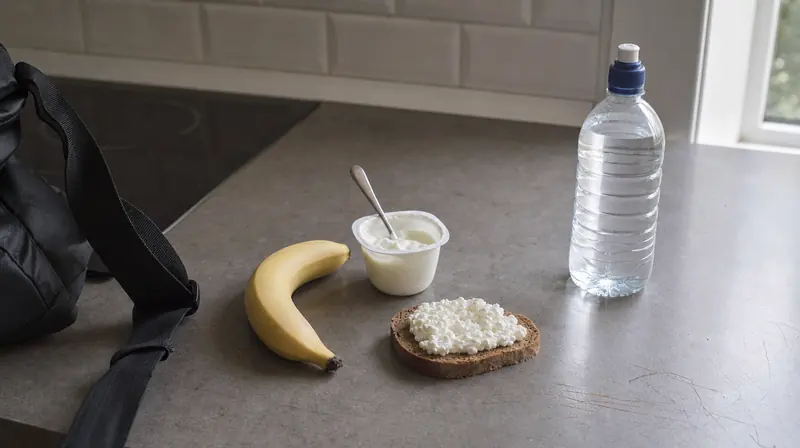 Banan, jogurt naturalny i twaróg na blacie obok butelki wody