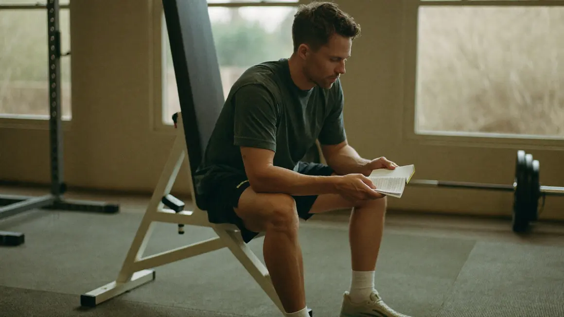 Mężczyzna na ławce między seriami, zapisujący trening w notesie