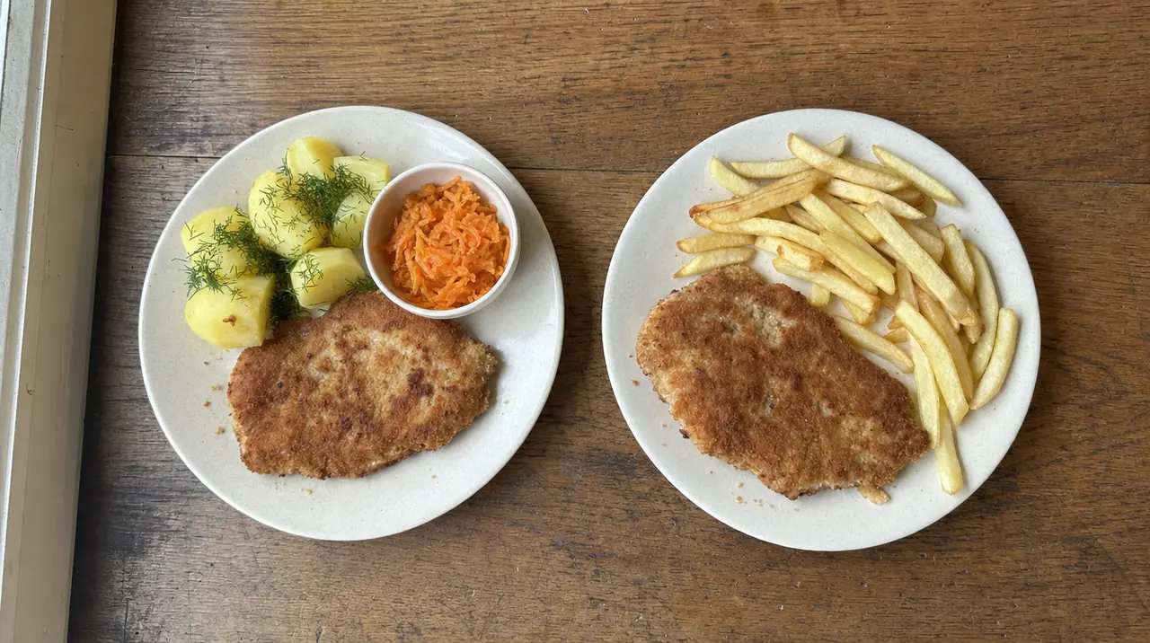 Ten sam kotlet schabowy podany z ziemniakami i z frytkami, dwa talerze obok siebie