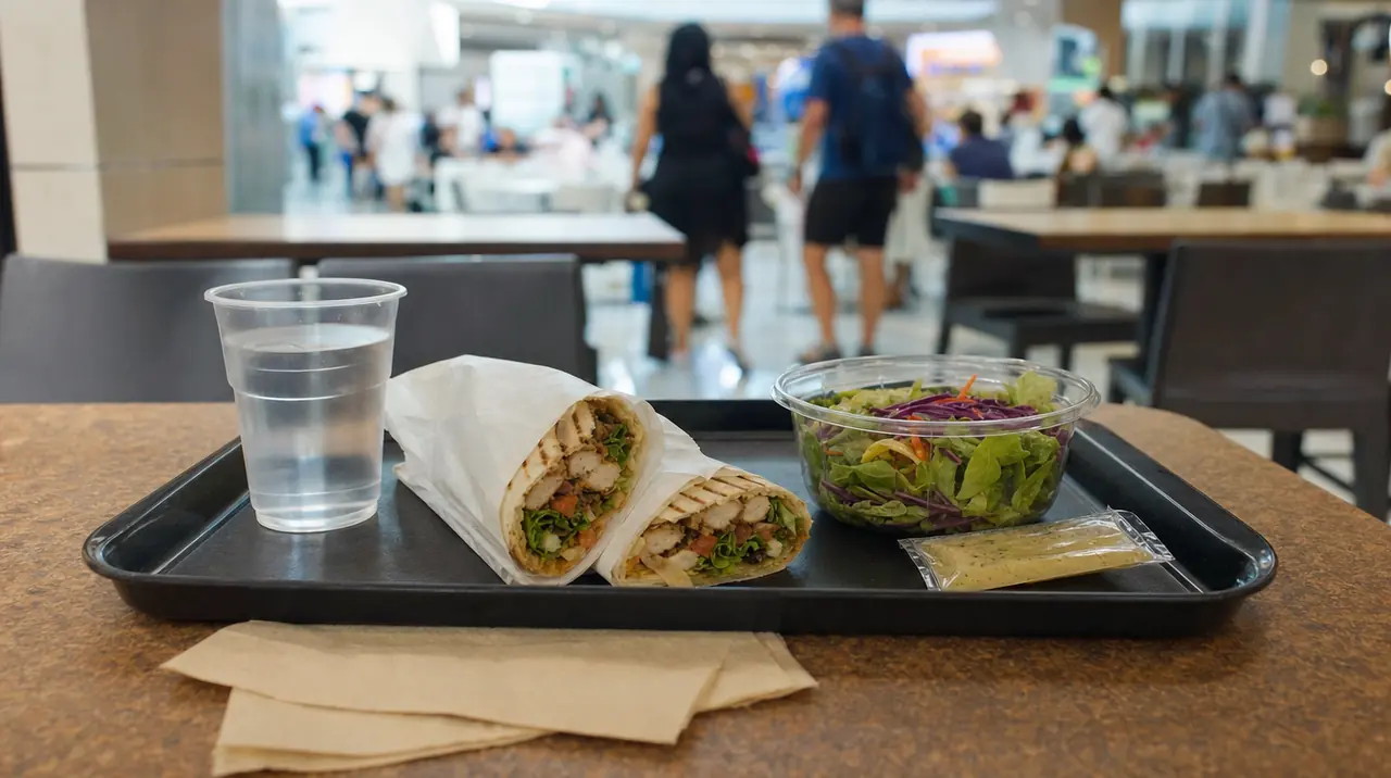 Taca z wrapem z kurczakiem, sałatką i wodą w barze na food courcie